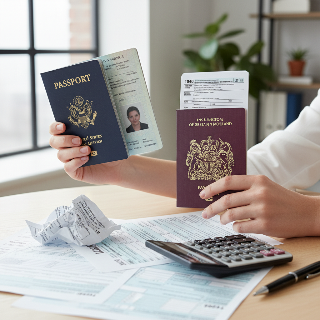 A photorealistic image of two hands, one holding a US passport and the other holding a UK passport, resting on a table with tax forms spread out. A calculator and a pen are nearby. The setting is bright and clean, emphasizing accuracy and detail.