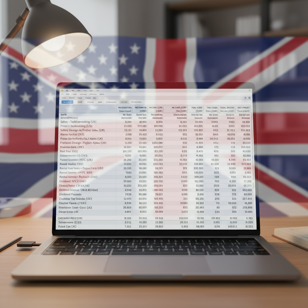 A photorealistic depiction of a complex financial ledger or spreadsheet on a laptop screen, showing various income and tax entries, with a subtle overlay of both US and UK flags in the background. The focus is on intricate financial data. Warm, professional lighting.