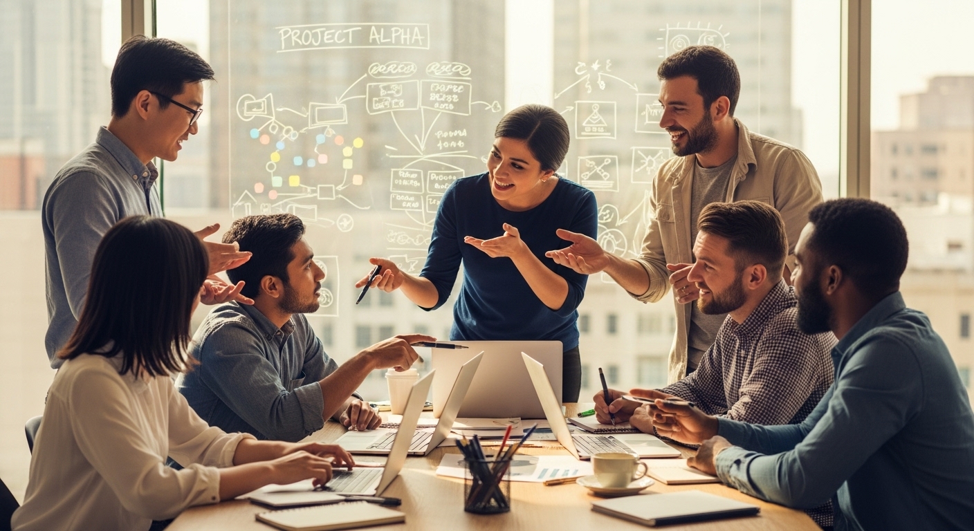 A diverse group of entrepreneurs in a modern co-working space, discussing innovative ideas around a table, with laptops and whiteboards. Focus on collaboration and future-oriented work. Photorealistic.