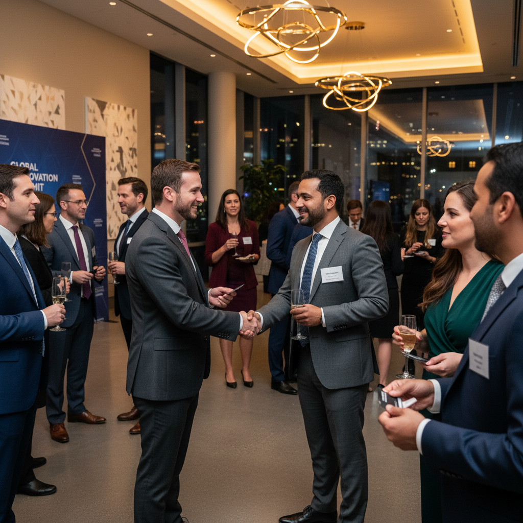 A diverse group of business professionals networking at a formal event, shaking hands and exchanging business cards in a modern conference hall. Photorealistic, professional attire.