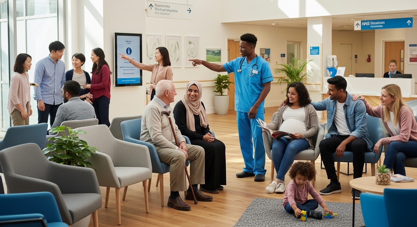 A diverse group of people from different nationalities interacting positively within a modern, clean hospital waiting area in the UK, bathed in soft, natural light, photorealistic.