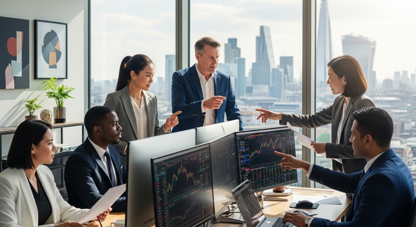 A diverse group of financial professionals, including a British man and an Asian woman, collaborating and analyzing market data on multiple screens in a modern, sunlit office in London's financial district. Photorealistic, high detail.