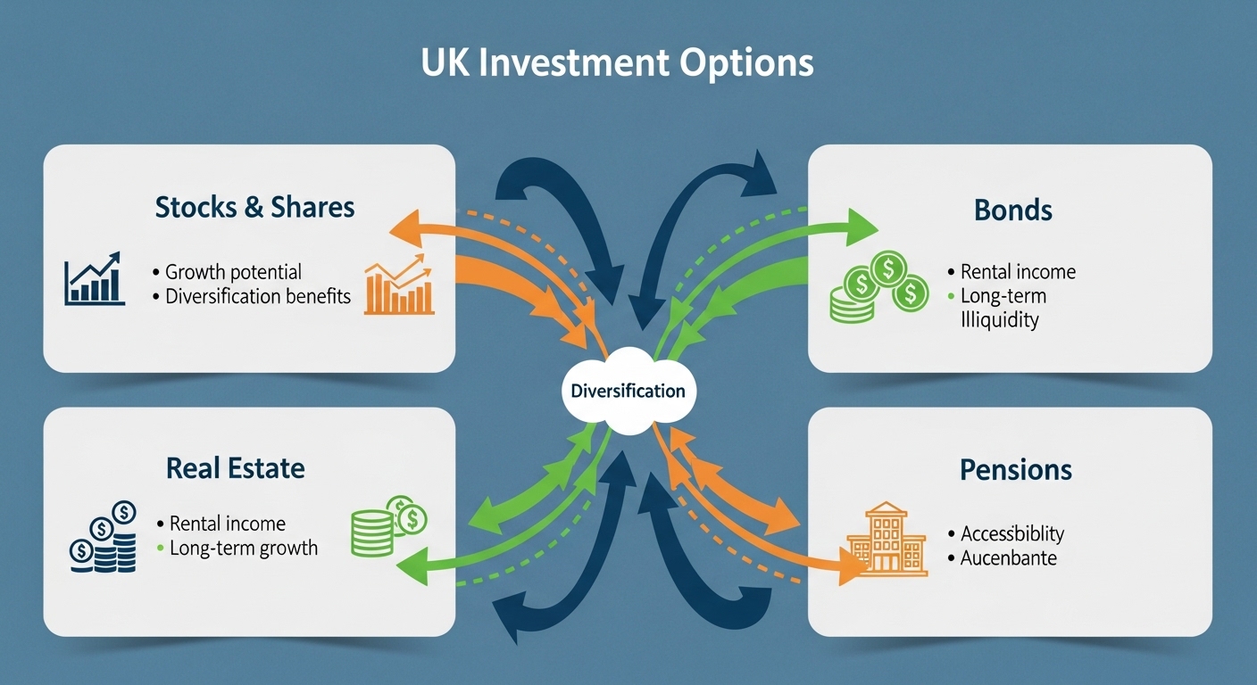 A detailed infographic displaying various UK investment options like stocks, bonds, real estate, and pensions, with arrows indicating potential growth and diversification. Clean, modern design with clear icons. Photorealistic rendering.