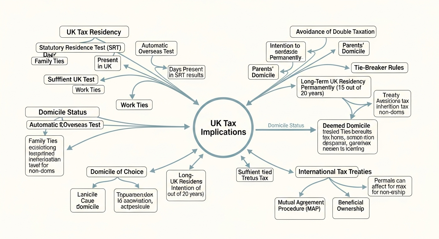 A detailed, stylized infographic showing the complex interplay of UK tax residency rules, domicile definitions, and international tax treaties, with arrows connecting different concepts. The infographic should have a professional, academic look with a muted color palette. Photorealistic.