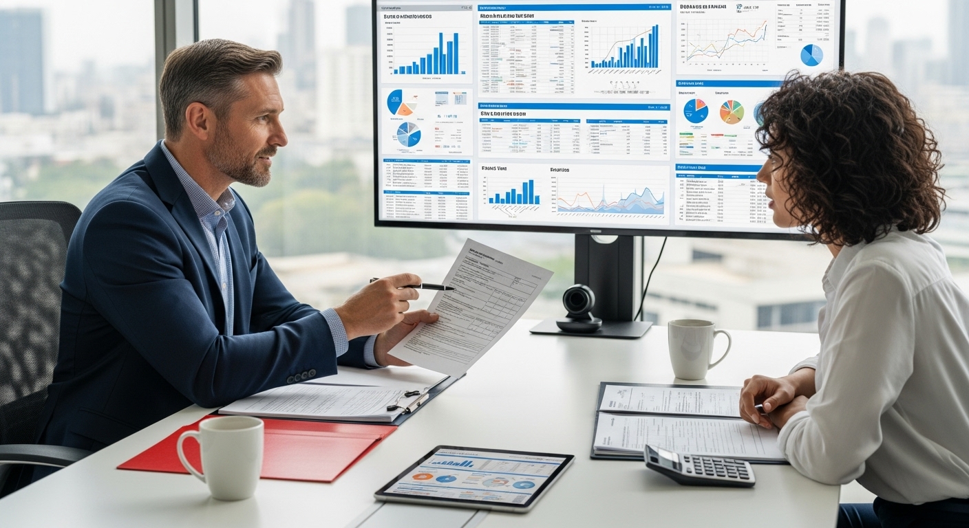 A professional tax advisor in a modern office setting, actively discussing complex tax documents and digital projections with an expat client. The atmosphere is collaborative and reassuring, with charts and data visible on a screen. Photorealistic.