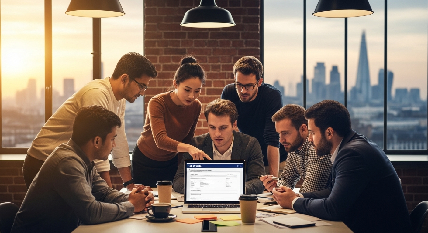 A diverse group of expat entrepreneurs in a modern, collaborative co-working space, looking at a UK visa application form on a laptop, with a blurred London skyline in the background, photorealistic, cinematic lighting.
