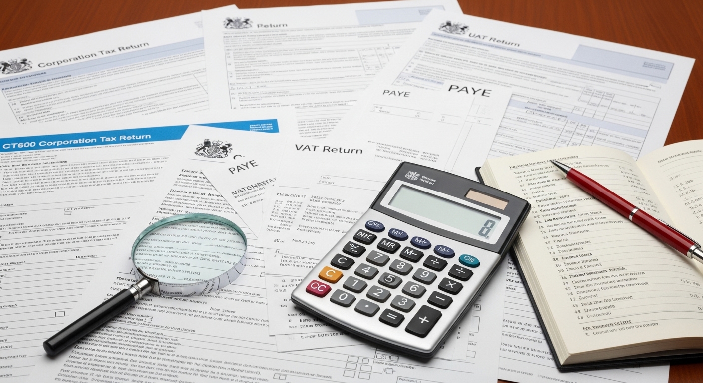 A detailed shot of UK tax documents, official government forms, and a calculator on a desk, illustrating the complexity of financial regulations for new businesses, with a clear, organised, professional aesthetic, photorealistic.