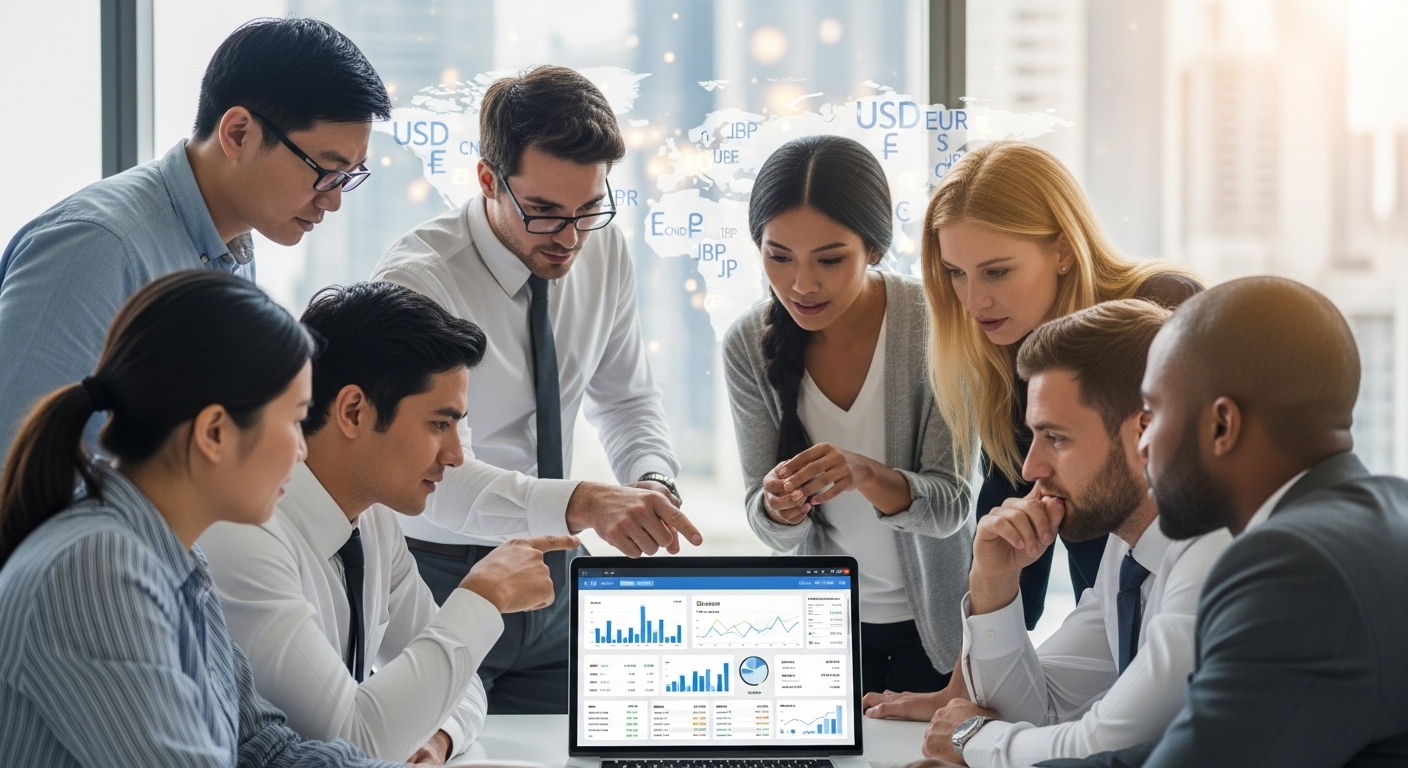 A diverse group of expat business owners looking at a laptop screen showing a digital banking interface, with global maps and currency symbols in the background, realistic, high detail, vibrant colors.