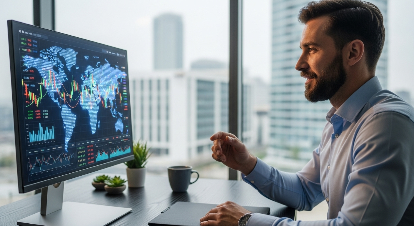 An expat businessman in a modern office, engaged in a video call, with a digital financial dashboard visible on his computer screen, showcasing global connectivity, photorealistic, cinematic lighting.