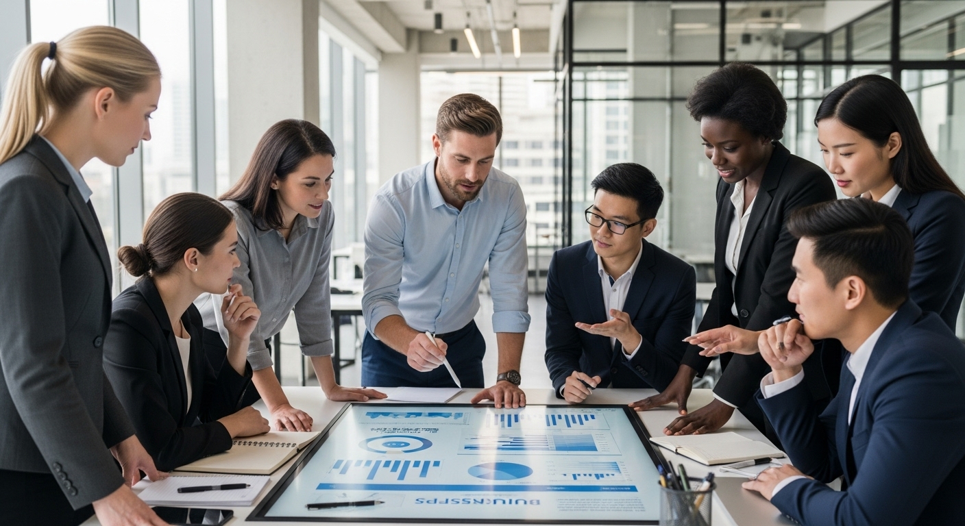 A diverse group of highly professional individuals, male and female, of various ethnicities, in a modern, collaborative office setting, actively discussing a business plan on a large digital screen. The atmosphere is dynamic and innovative. Photorealistic.