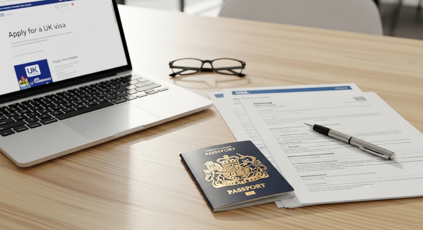A professional, neatly organized desk with a UK passport, official-looking immigration documents, a pen, and a laptop displaying the UK government website. The setting is bright and clean, symbolizing the visa application process. Photorealistic.