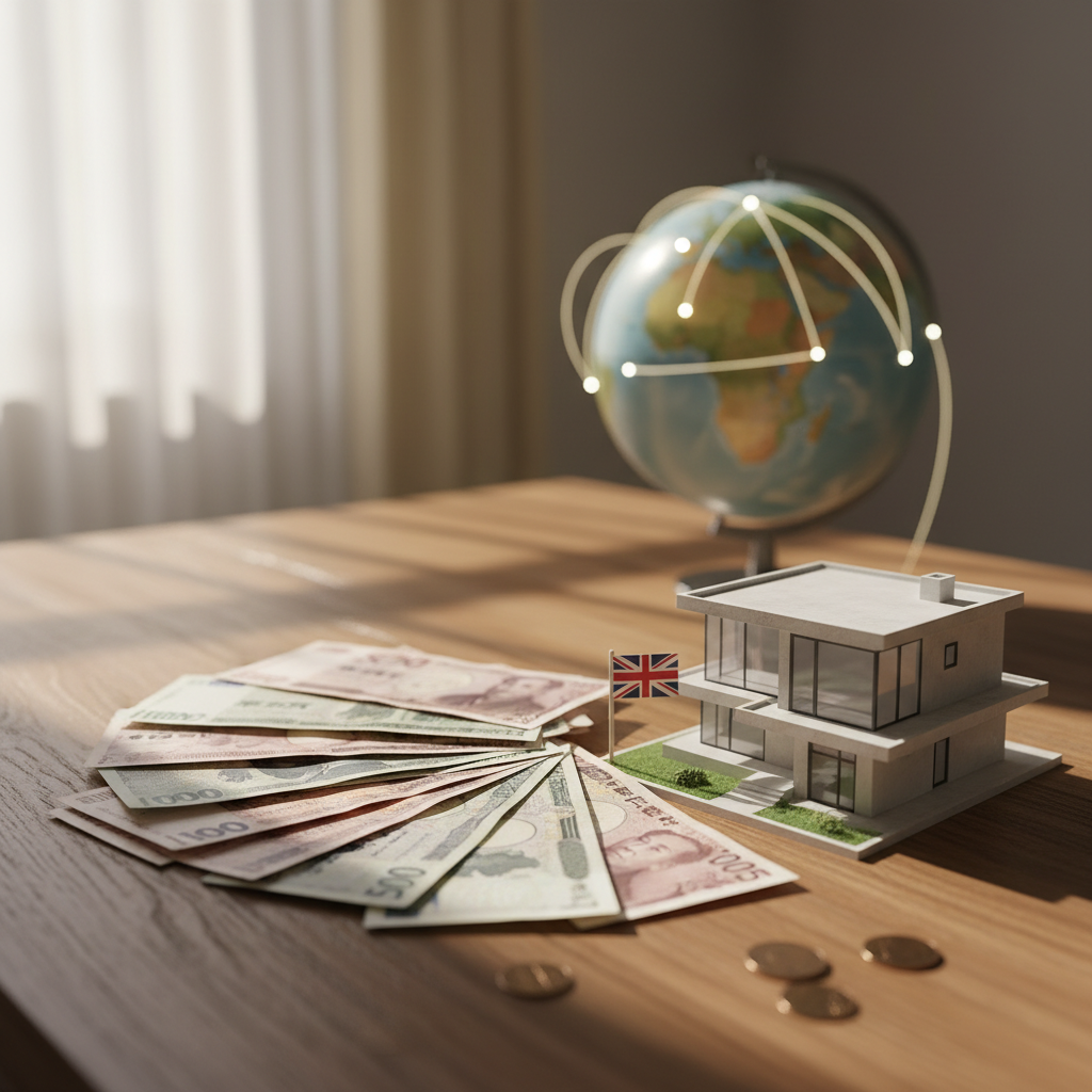 A stack of various international currencies next to a small, modern house figurine on a wooden table, symbolizing global financial flows into UK property investment. Photorealistic, soft lighting.