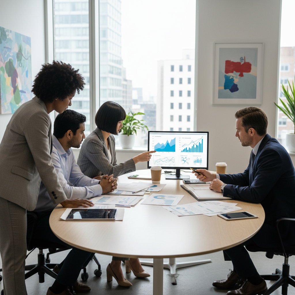 A diverse group of expat professionals, including a couple and an individual, seated around a conference table with a financial advisor, reviewing property investment documents and digital charts on a laptop. Modern office setting. Photorealistic.