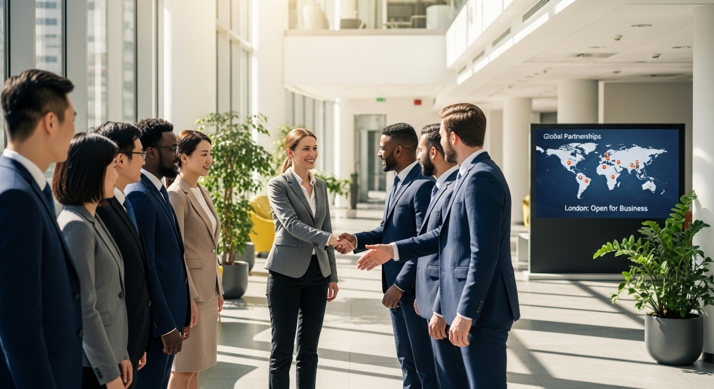 A diverse group of business professionals from different nationalities shaking hands in a modern, sunlit office lobby, symbolizing global business collaboration and the UK's appeal for foreign entrepreneurs, photorealistic.