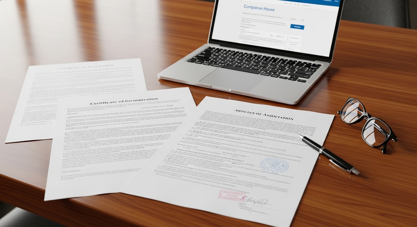 A detailed shot of official UK company registration documents spread out on a wooden desk, alongside a laptop displaying a Companies House website page, a pen, and a pair of reading glasses, signifying the legal process of company formation, photorealistic.