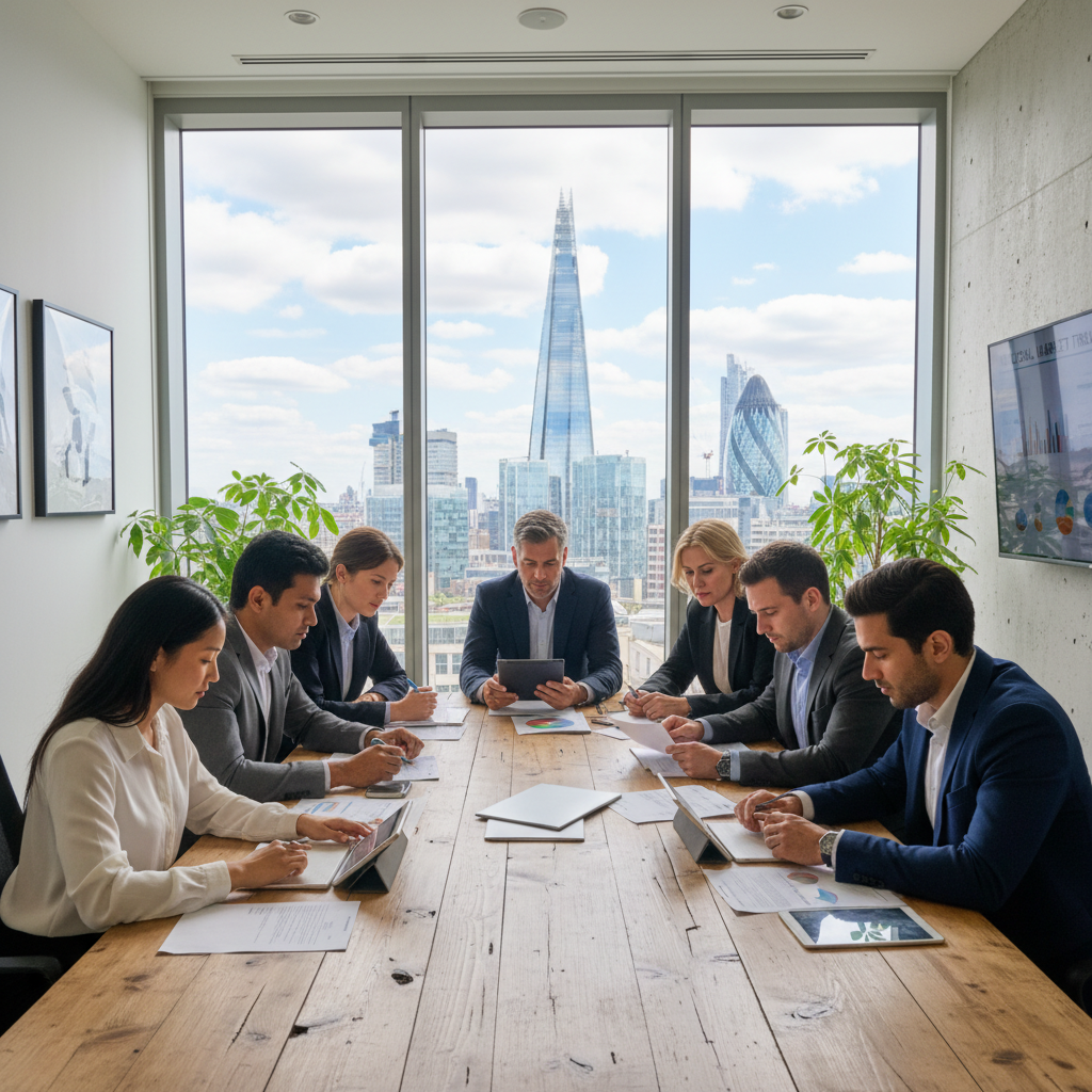 A diverse group of expat professionals from various countries, looking thoughtfully at financial documents in a modern, bright office setting, with London skyline visible in the background through a window. Photorealistic, professional atmosphere.