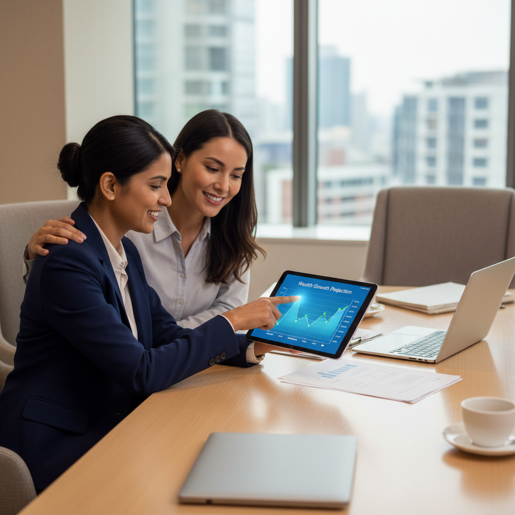 An expat couple discussing their financial future with a friendly, professional financial advisor in a comfortable, modern office. The advisor is pointing to a digital tablet displaying a financial projection graph. Realistic, warm lighting.