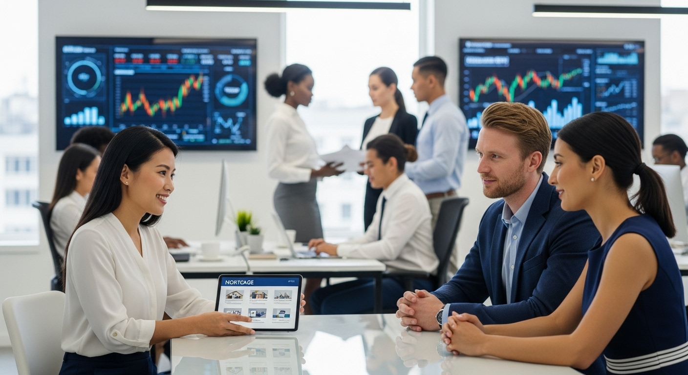 A diverse group of financial professionals in a modern office setting, one explaining mortgage options on a tablet to an expat couple, with charts and graphs visible in the background, realistic lighting.