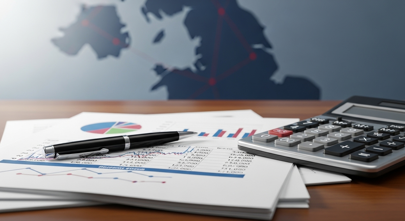 A detailed close-up of financial documents, a calculator, and a pen on a desk, with a stylized map of the United Kingdom in the background, bathed in soft, professional lighting, photorealistic.
