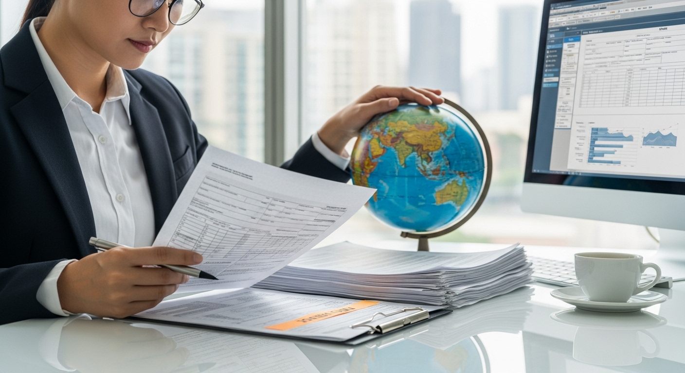 A professional accountant meticulously reviewing tax documents and a globe, symbolizing international tax. The scene should be modern, clean, and reflect precision and expertise. Photorealistic.
