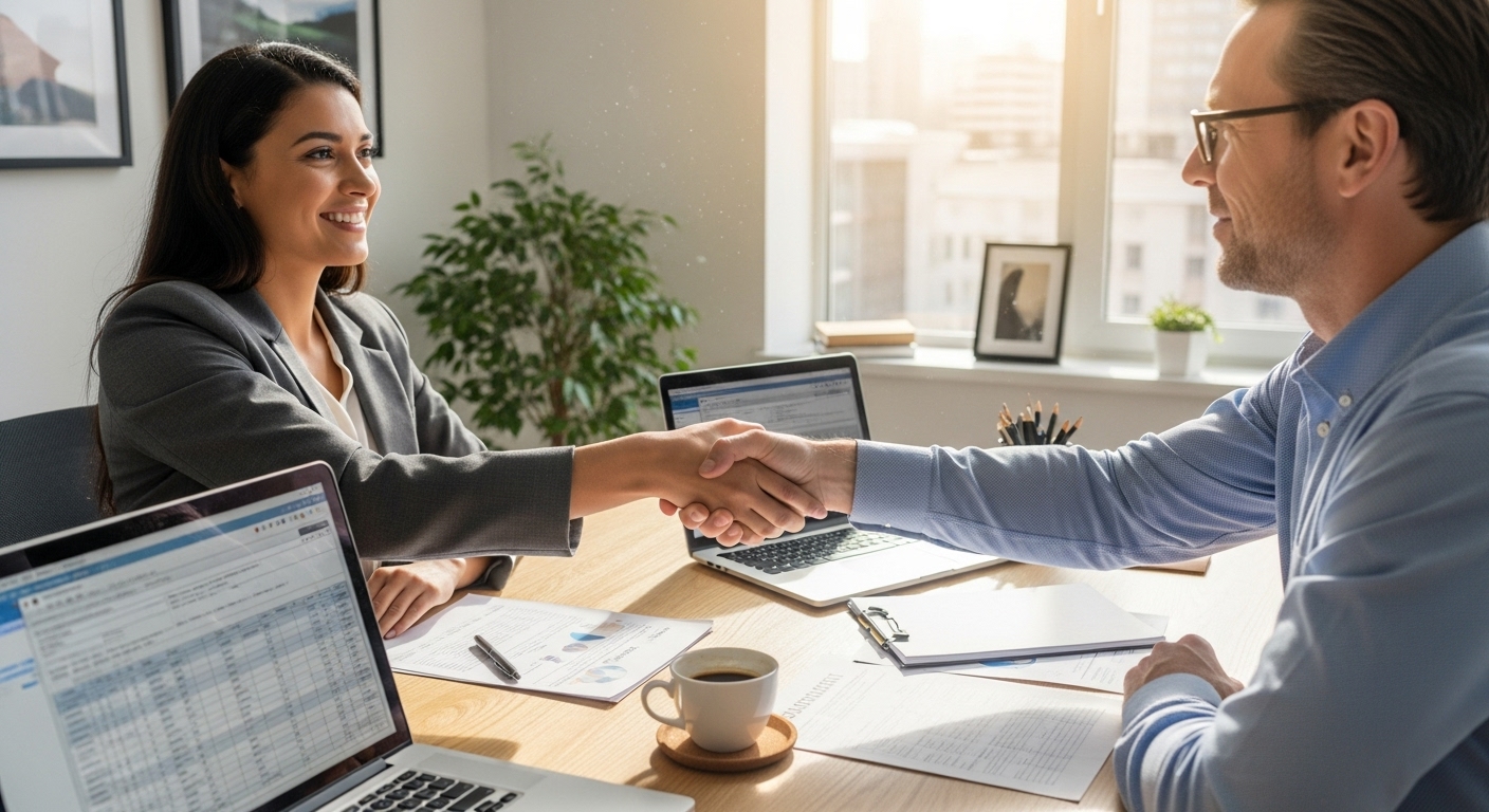Two diverse individuals, an expat and an accountant, shaking hands across a desk filled with financial documents, a laptop, and a cup of coffee. The setting is a bright, modern office, conveying trust and professionalism. Photorealistic.