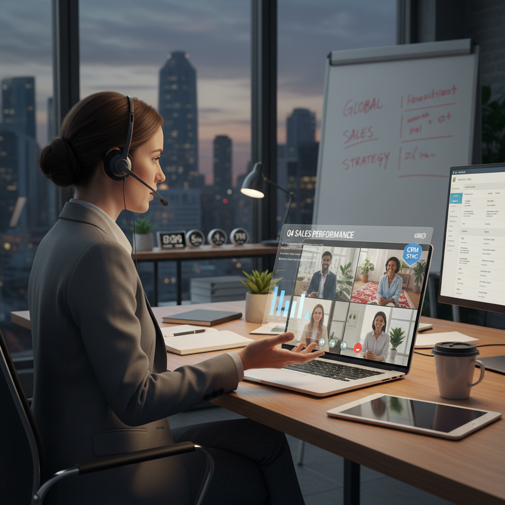 A business professional conducting a video conference call on a laptop, discussing sales figures with team members scattered across different time zones, reflecting remote team management and CRM integration. Professional setting, high-resolution, photorealistic.
