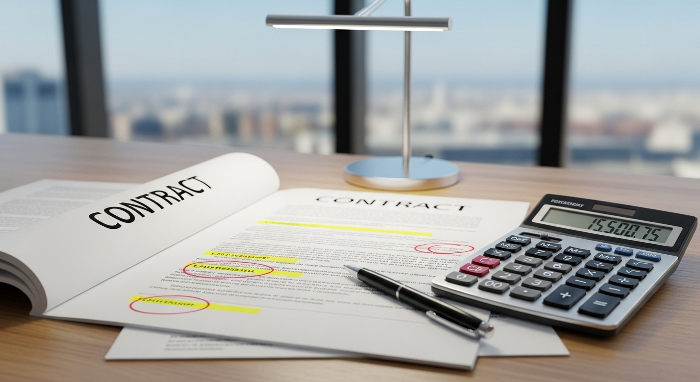 A detailed shot of a legal contract with highlighted sections, a calculator, and a pen on a modern office desk, emphasizing transparency and financial planning. Photorealistic.