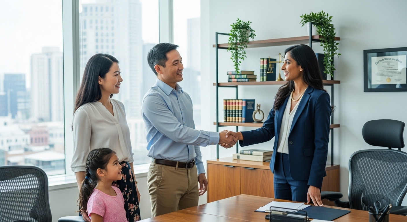 A diverse expat family, including two adults and a child, smiling and shaking hands with a professional female lawyer in a bright, contemporary office, symbolizing successful immigration and a hopeful future. Photorealistic.
